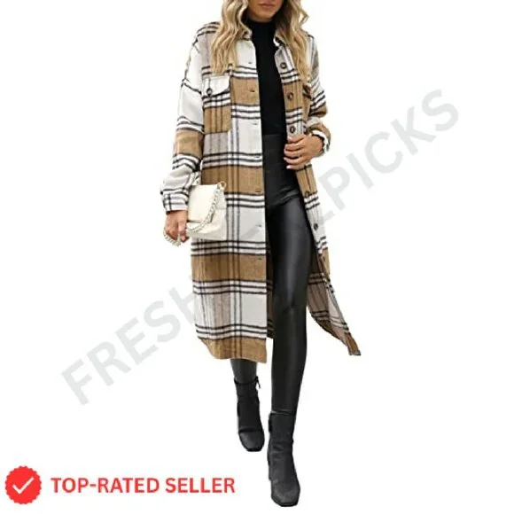 Oversized Plaid Trench Coat Women's Flannel Shacket Classic Fall Layering Piece